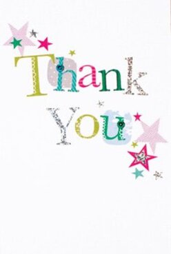 This thank you card reads like a small celebration folded into paper: a pristine white field provides a calm stage for letters that behave like confetti-each one distinct in colour and texture. The words 'Thank You' parade across the front in playful typography; one letter flashes lime green, another a punchy fuchsia, another a cool cerulean blue, while others carry sunny yellows and soft teal. Some letters are dusted with a faint silver sparkle that twinkles when the card tilts, others are patterned with polka dots or finished with tiny stitched-looking details that suggest careful, handcrafted work. Scattered around the phrase, clusters of stars-magenta, teal, gold and deep turquoise-seem to hover like celebratory fireflies, giving the composition motion and joy. The card's surface shows subtle embossing and a tactile grain that invites touch, and the overall impression is of exuberant yet sincere gratitude. I imagine pairing this card with a bright seasonal bouquet for a customer collecting flowers near Burnham Beeches or when dropping off an order to a neighbour in Chalfont St Peter; the design fits casual celebrations, teacher thank-yous, and small acts of appreciation alike. The balance of crisp white space and lively colour keeps the sentiment clear and warm. For anyone in Gerrards Cross wanting a cheerful finishing touch to their floral gift, this card translates thanks into colour, texture and light, making the sentiment feel as genuine as the flowers it accompanies.