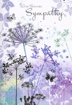 This sympathy card presents a peaceful, nature-inspired scene that feels as tranquil as an unhurried walk along the leafy lanes of Gerrards Cross on a soft, overcast day. Tall, thread-thin stems lift umbelliferous flower heads towards the top of the card, each bloom formed from tiny, lace-like dots and lines in layered shades of violet, heather, and silvery blue. The flowers look almost weightless, their tips fading into a pale, misty backdrop that suggests distant fields disappearing into morning haze. A gentle wash of muted purples and cool greens flows horizontally across the base, like a low band of fog resting over the Chiltern edges beyond town. Subtle butterflies drift in and out of this floral rhythm, their wings barely outlined, so they appear more like a memory or a breath of wind than a solid object. The spacing between each stem is deliberate, giving the eye room to rest, just as we leave space in a condolence bouquet so each flower can speak for itself. Soft light seems to bloom from within the design rather than shining onto it, bathing everything in a quiet, reflective glow. There is no harsh contrast, no jarring colour; instead, it feels composed to echo the tenderness of those sending sympathy to loved ones nearby. The effect is both comforting and dignified, much like the thoughtfully arranged funeral flowers we deliver across Gerrards Cross and the surrounding area-an understated yet deeply heartfelt way to express sorrow, remembrance, and continued care.