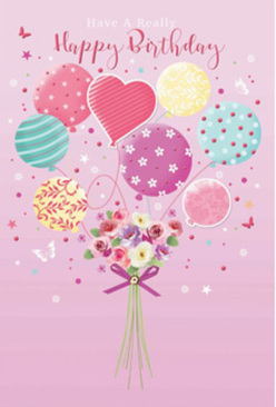 This birthday artwork unfolds like a cheerful scene on a spring morning in Gerrards Cross, with pastel balloons and flowers rising together in celebration. The background is a soft, rosy pink wash that makes the colours of the design glow, as though lit by filtered sunlight from a nearby window. A loose bouquet of balloons floats upwards, each one distinct yet in perfect harmony with the others. Some display candy-coloured stripes that curl around their round forms; others are speckled with playful polka dots or delicate floral motifs. Shades of blush, mint, teal, lemon, and lavender mingle, creating the feeling of a sky filled with gentle, happy notes. At the base, a fresh, hand-tied bouquet becomes the heart of the composition. Cream-toned roses and daisy-like blooms snuggle together with soft pink and mauve blossoms, their petals rendered with a velvety, almost touchable quality. The stems are neatly gathered and finished with a vivid purple ribbon, tied in a careful bow that suggests the loving attention of an experienced local florist. You can almost imagine this design being inspired by a stroll through the gardens near West Common or the flower stalls that brighten the high street. Light spills across the scene, catching small highlights on the balloons and the natural sheen of the petals, giving everything a luminous, celebratory glow. This image captures the essence of a joyful birthday wish, full of colour, airiness, and the quiet promise of a beautiful day shared with someone special.