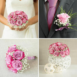 Held close to a lace wedding gown, a bridal bouquet of blush and lilac roses becomes the soft focal point of the image. The roses are tightly clustered into a rounded, hand-tied arrangement, their petals smooth and slightly curled at the edges, catching the light in pale shades of pink, rose, and cool lavender. Encircling the roses is a generous cloud of white gypsophila, the baby's breath forming a delicate halo of tiny flowers that enhances the bouquet's light, airy character. The overall shape is compact yet not rigid, with a natural softness that suits the romance of the occasion. A gentle, natural light falls across the scene-perhaps from a window overlooking the tree-lined roads of Gerrards Cross-illuminating the floral textures and the intricate motifs of the lace fabric behind. The colours appear softly blended rather than sharply contrasted, giving the bouquet a dreamy, almost ethereal quality. You can imagine the subtle fragrance of fresh roses rising each time the bride moves, mingling with the quiet hum of guests gathering and the rustle of silk and tulle. The design is classic wedding style: roses for timeless love, gypsophila for purity and lightness, all arranged in a way that feels fresh and modern. It looks like the perfect complement to vows spoken in a local church or civil venue in Gerrards Cross, reflecting both the tradition of the day and the couple's own gentle, hopeful spirit.