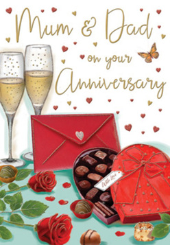 Romantic anniversary card illustration designed as a warm tribute to parents, described in the voice of an experienced Gerrards Cross florist. The composition centres on two sumptuous red roses, their velvety petals unfurling in layers of ruby and wine tones, as if freshly arranged from stems delivered that morning near East Common. The roses rest among soft, rounded green leaves that lend a lush, garden-fresh feel. Close by, an open heart-shaped box of chocolates invites indulgence, its smooth red casing crowned with a bold, satin-like bow that loops into generous folds. Inside the box, the chocolates appear individually nestled, with gentle highlights suggesting a glossy, melt-in-the-mouth texture. A pair of elegant champagne flutes stands side by side, filled with sparkling golden liquid, bubbles rising delicately through the glass like a quiet anniversary toast in a Gerrards Cross dining room. Surrounding the central still life, scattered golden and crimson hearts float across the background, catching the light as if dusted with a soft shimmer. In graceful, hand-drawn lettering, the words "Mum & Dad" sit proudly among the hearts, setting a loving, celebratory tone. A bright red envelope lies nearby, its clean lines and pointed flap hinting at a personal message of gratitude and love tucked safely inside. The illustration glows with warmth and tenderness, evoking clinking glasses, the soft scent of roses, and the sweet comfort of chocolates shared at the end of the day, much like a cosy anniversary evening at home in Gerrards Cross.