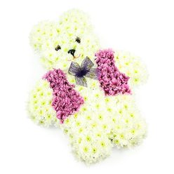 In this image, a lovingly crafted floral teddy bear sits alone against a pure white background, its form brought to life by the skilled hands of a florist familiar with quiet family tributes in Gerrards Cross. The bear's entire body is composed of tightly packed white chrysanthemums, touches of cream and pale lemon at their centres adding depth and a natural softness. Each petal overlaps the next so that the surface seems almost velvety, echoing the feel of a well-loved toy. The head is rounded, with two distinct ears picked out in the same blooms, giving the outline a friendly, familiar silhouette. Two small dark eyes and a petite black nose are carefully positioned, lending the bear a gentle, watchful gaze that feels both soothing and protective. A slender line or curve at the mouth area creates the impression of a soft smile, understated yet full of feeling. Draped across the chest, a vibrant floral waistcoat in shades of warm pink, mauve, and lilac stands out, likely formed from hydrangea or more vivid chrysanthemum heads, their fuller texture adding a plush layer of colour. At the neckline, a delicate purple net bow sits proudly, its folds catching the light and bringing a touch of playfulness. The plain background and bright, even lighting ensure all focus rests on the tribute itself, allowing every petal and contour to be seen clearly, as though it has just been delivered for a service near the Memorial Centre or a quiet chapel close to East Common. This floral teddy bear is ideal for moments when words feel fragile, offering a symbol of innocence, remembrance, and enduring love.