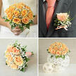Seen together, these four photographs tell a cohesive wedding story in peach and cream tones, lit as if by a mild morning sun over Gerrards Cross. The top-left frame shows a bride holding a tight, circular bouquet made mostly of apricot-peach roses, each bloom densely layered and kissed at the edges, softened by feathery clusters of gypsophila and punctuated with fresh, deep-green foliage. The hands around it suggest a gentle gravity; you can almost feel the bouquet's softness and the matte texture of the petals. Top-right is a tactile close-up of a groom's lapel: a single peach rosebud, a halo of baby's breath and a slim sweep of greenery are bound with a tiny peach ribbon bow, harmonising with the coral-toned tie and crisp white shirt beneath a rich charcoal or navy jacket. The lower-left perspective shows the bouquet laid on a pale, subtly textured cloth, the wrap finished with a patterned white ribbon-small pink-peach dots-that gives a touch of personality and comfort for the bride to hold. Bottom-right presents a low, elegant centerpiece - a domed mass of matching peach roses and gypsophila filling a white, intricately woven sphere, accompanied by two small woven orbs arranged beside it to echo the natural shapes. As a florist familiar with local halls and tearooms around Station Road and nearby Chalfont St Peter, I imagine these arrangements carried through reception doors, their colour palette flattering every photograph and offering a soft, fragrant backdrop to vows and first dances.
