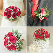 This four-image collage captures a cohesive red rose and baby's breath wedding theme, the kind often requested by couples marrying in and around Gerrards Cross. The top-left photograph focuses on a bride in a traditional white lace dress, holding a dense, rounded bouquet so packed with rich crimson roses that the petals form a velvety mass, interrupted only by tiny constellations of white gypsophila and hints of fresh green foliage. The bouquet's symmetry and fullness convey a sense of ceremony and permanence, as if it is ready to be carried into a church near West Common or a registry office in town. In the top-right panel, the groom's boutonniere becomes a miniature echo of this romance: a single red rosebud, edged with baby's breath and slender green leaves, is secured to the lapel of a dark grey suit jacket, paired with a spotless white shirt and a vivid red tie. A narrow red satin bow at the base adds a polished flourish while fine strands of decorative green grass lend movement and lightness. The bottom-left image shows another bridal bouquet variation, lying against a soft grey, stone-like surface, its open roses and airy gypsophila mounded into a classic dome and finished with red-and-white striped twine that suggests careful, artisanal binding by a local florist. Finally, the bottom-right panel presents a low, table-friendly centerpiece: a neat hemisphere of red roses and baby's breath balanced atop a white woven ball-shaped vase with an airy lattice design, flanked by two smaller off-white decorative spheres, ideal for dressing a wedding breakfast table at a nearby country house or hotel. Together, the four scenes tell a story of co-ordinated wedding flowers that feel both traditional and deeply personal.