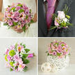This four-image collage captures a complete pink and green wedding flower story, crafted in a style that would sit beautifully in a Gerrards Cross country-house celebration. In the top-left panel, the lower half of a bride in a white lace gown is shown holding a rounded, romantic bouquet. Layers of light pink and dusky lavender roses crowd together, interlaced with bright lime-green button chrysanthemums, soft pink alstroemeria with tiny yellow flecks, and airy white baby's breath, all framed by rich green foliage that gives the bouquet a lush, garden-fresh feel. The top-right panel focuses on the groom's details: a dark charcoal-grey suit and a deep fuchsia tie set off a small but refined boutonniere. A single blush-pink rosebud nestles beside vivid green chrysanthemums, delicate gypsophila, and fine strands of decorative grass, all secured with a narrow pink ribbon, creating a subtle echo of the bridal bouquet for a ceremony near Colston Hall or along Packhorse Road. In the lower-left panel, a similar hand-tied bouquet lies horizontally on a light beige textured surface, perhaps waiting to be carried by a bridesmaid. Its stems are neatly wrapped in fuchsia satin, exposing the careful spiralling technique and the firm, rounded shape of the design. The lower-right panel reveals the table styling: a compact floral centerpiece overflowing with pink and lavender roses, green chrysanthemums, pink alstroemeria, and baby's breath, arranged in a decorative white orb-shaped vase with an intricate lattice pattern. Two smaller woven spheres sit nearby, completing a coordinated look ideal for reception tables in Gerrards Cross hotels and local venues.