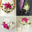 This four-part wedding collage presents a unified floral story, as if following one couple from their vows in Gerrards Cross to the final toast at their reception. The top-left image focuses on a bride's hands gently holding a lush, rounded bouquet; only the lower part of her white strapless dress is visible, the fabric smooth and softly lit. Her bouquet is a luxuriant mix of deep fuchsia peonies layered with ruffled petals, bright white alstroemeria dusted with fine maroon freckles, and airy pale green spiky blossoms, all cushioned in dark, polished greenery. It has a generous, romantic shape, suggesting movement as though just lifted from a church doorway on West Common. In the top-right panel, the groom's dark charcoal suit is shown close up, the weave of the fabric subtly visible. His lavender tie lies flat against his shirt, and over it, a slim boutonniere is pinned with care: white alstroemeria blooms and delicate green buds, edged with foliage and bound tightly with lavender satin ribbon. The detail work hints at a florist's steady hand, perfect for a day spent moving between the ceremony and photographs in nearby woodland. The bottom-left image captures a smaller bouquet laid across a pale beige, lightly textured surface. It resembles a bridesmaid or toss bouquet, repeating the same colour palette of magenta peonies, white alstroemeria, and fresh green touches, with stems tightly wrapped in a lavender-purple ribbon, its satin finish catching the light. The bottom-right shot turns to décor: a compact gathering of the same flowers is tucked into a white globe-shaped vase, its surface formed by crisscrossing, woven strands that create shadows and depth. Nearby, three neutral woven spheres of varying sizes extend the organic, tactile theme-ideal for dressing wedding tables at a local Gerrards Cross hotel or marquee, tying together personal flowers and reception décor in one seamless, elegant look.