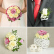 This elegant four-part collage captures the complete wedding floral story, much like a real celebration unfolding in one of Gerrards Cross's intimate venues near the Common. In the top left frame, only the bride's torso is shown, clad in a softly shimmering white dress with fine lace detailing over the bodice. She holds a round, hand-tied bouquet made entirely of roses: creamy ivory and pale yellow blooms mingle with deeper pink and mauve roses in a tight, luxurious cluster. Wisps of white baby's breath and glimpses of glossy green foliage thread between the petals, adding lightness and a fresh, garden-scented feel. The top right frame focuses closely on the groom's boutonniere against a dark grey suit jacket, crisp white shirt, and bold red silk tie. A single white rosebud is carefully wired and wrapped with sprigs of baby's breath and greenery, the stems finished in a tidy white satin bow that conveys quiet refinement and thoughtful coordination. In the bottom left panel, a smaller bridesmaid's bouquet lies on a pale, textured fabric surface, echoing the bridal palette with cream and pale yellow roses, vibrant pink accents, and generous white filler flowers. Its stems are bound in a pink and white striped ribbon, evoking a slightly more playful, informal feel suited to bridesmaids laughing together before the ceremony. The bottom right image presents a round reception centerpiece: a tight dome of cream, yellow, and pink roses with baby's breath and foliage, resting on a sculptural white twig sphere. Two smaller woven orbs sit alongside on a white tabletop against a soft beige background, hinting at a rustic-yet-elegant reception dinner, perhaps just a few minutes from Gerrards Cross station.