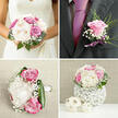 A thoughtfully coordinated wedding floral ensemble is arranged as though waiting in a sunlit room in Gerrards Cross, ready to be carried down the aisle. The bride's bouquet is full and romantic, shaped in a gentle dome that nestles comfortably in the hands. Creamy peonies open in generous layers, their centres just visible, framed by blush and soft pink roses whose petals curl delicately at the edges. Deeper magenta and whispering lavender tones are tucked between them, creating a subtle play of colour that feels both modern and timeless. Threads of white gypsophila drift through the bouquet like fine mist, adding texture without overpowering the main blooms. Supporting everything is a collar of glossy green leaves, smooth and sculptural, giving structure and freshness, much like the greenery seen along the paths towards Gerrards Cross railway station in late spring. Resting close by is a groom's boutonnière: a single lilac-hued rosebud framed with tiny dots of baby's breath and a flick of feathery greenery, tied with a pale lavender ribbon whose soft sheen catches the light. A companion arrangement, gathered in a simple white basket or woven-style vase, echoes the same palette of creamy whites and blushing pinks, appearing almost to float above the table. The lighting in the image is gentle, with no harsh contrasts, so every petal looks velvety and touchable. Together, these pieces suggest a calm, romantic celebration-perhaps at a private venue off Packhorse Road-where flowers are chosen not just for beauty, but for the layered feelings they quietly carry.