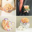 This four-image composition captures a unified wedding palette of peach roses, violet-edged lisianthus, and soft-white baby's breath, the kind of carefully coordinated look we craft at Flower Delivery Gerrards Cross for ceremonies from Bulstrode Park to Denham. The top-left image shows a bride holding a rounded, densely packed bouquet against the creamy lace of her dress; the centre is swathed in pale peach roses whose velvety petals glow under soft daylight, encircled by ruffled lisianthus edged in vivid purple and tiny clusters of baby's breath that lift the arrangement with a cloudlike delicacy. The bouquet feels balanced and tactile - ribbon-wrapped stems, an invisible handle, and the reassuring press of hands that suggest calm excitement. The top-right close-up of the groom's lapel reveals a single peach rose boutonniere, trimmed with delicate fronds of greenery and baby's breath, secured with a neat peach ribbon and set against a dark charcoal or black suit and matching peach tie - a subtle echo of the bridal colours. Bottom-left displays a smaller, more compact bouquet on a light woven cloth, its blush ribbon finished with pearly pins that catch the reception light, suggesting a bridesmaid or toss bouquet trimmed with care. The bottom-right frame contains a rounded centerpiece in a white, intricately woven basket-like vessel, the same trio of flowers forming a harmonious dome; two decorative beige woven spheres rest beside it, adding texture to the table. The overall feeling is understated elegance: tactile, fragrant, and thoughtfully matched for a wedding in and around Gerrards Cross.