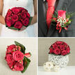 This four-panel image captures a thoughtfully coordinated red rose wedding collection, the kind of cohesive design often chosen by couples marrying in Gerrards Cross churches and country-house venues. In the top-left frame, a bride dressed in a fresh white gown holds a compact, round bouquet of deep red roses, each bloom tight and velvety, interspersed with glistening red hypericum berries. A neat ring of rich green foliage forms a collar beneath the flowers, giving the bouquet a polished, modern silhouette while still feeling deeply romantic, as though it has just been delivered from a nearby florist off Packhorse Road. The top-right frame focuses on the groom's charcoal-grey suit and vivid red tie, where a single red rose boutonniere is pinned elegantly to his lapel. Tiny clusters of white gypsophila soften the rosebud, and fine green foliage radiates lightly around it, with a few crimson berries echoing the bride's bouquet. A small red satin bow secures the stems, adding a festive, confident touch. In the bottom-left frame, a second bouquet of red roses and hypericum berries is presented close-up, this time framed by bold, dark green tropical leaves that sweep outward, giving the design a slightly more sculptural, contemporary feel. The stems are tied with a red ribbon, resting on a natural beige fabric background that suggests relaxed yet refined styling. The bottom-right frame shows a matching low table centerpiece made entirely of red roses and berries, shaped into a compact dome and perched on a white, intricately woven spherical stand made from natural fibres. Two smaller woven spheres in warm wood tones sit alongside on a smooth surface, evoking simple, organic elegance suitable for reception tables across Gerrards Cross. The full collage celebrates red rose romance with a consistent palette, texture, and mood, ideal for those who want every floral detail to connect seamlessly from aisle to table.