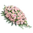 This image shows a luxurious pink casket spray resting on a spotless white background, its elegant teardrop silhouette running from a broad, rounded mass of blooms at the upper left to a narrow, tapering point at the lower right. The design is richly packed, almost no surface left uncovered, with layers of soft pink roses and light peach-pink carnations pressed closely together. Many of the roses are fully open, revealing intricate whorls of petals that curl gently at the edges, while smaller rosebuds and spray roses fill the gaps, adding dimension and a sense of natural growth. The carnations provide a soft, ruffled texture, their frilly petals catching the light and giving the arrangement a plush, almost quilted appearance. The colour palette stays within a serene spectrum of blush, dusty rose, and pastel peach, evoking tenderness, calm, and quiet affection. Encircling and threading through the flowers is a generous amount of deep green foliage. Broad, sturdy leaves form a strong foundation, particularly along the sides, while finer, airy sprigs and slender, pointed greens extend from the edges and trail gently from the tip, softening the outline and lending a graceful, flowing movement. The lighting is bright but gentle, emphasising freshness and clarity without harsh shadows. This is the kind of thoughtful sympathy tribute a family in Gerrards Cross might choose for a final goodbye, perhaps delivered to a local church or chapel near the Common. It speaks of love that endures beyond parting, a dignified expression of condolences, respect, and cherished memories, crafted with the practiced hands of a florist who understands the sensitivities of farewell flowers.