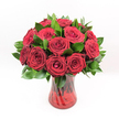 A lush, classic bouquet of deep red roses stands proudly against a pure white studio background, every detail sharpened by clear, even lighting. The arrangement features around a dozen velvety crimson blooms, each rose at perfect maturity, with tightly furled centers spiralling out into soft, layered petals that look almost touchable. Between the roses, glossy dark green foliage, likely Ruscus, fans out in gentle arcs, framing the flowers and rounding the silhouette so the bouquet appears full and luxurious from every angle. The leaves catch just enough light to reveal their smooth, slightly waxy texture, offering a cool contrast to the richness of the petals. All of this romance is gathered into a translucent ruby-red glass vase, whose fluted, slightly ribbed sides twist subtly, bending the light and creating delicate reflections along the surface. Through the coloured glass, the darker vertical lines of the rose stems are visible, crossing and overlapping in a natural pattern that hints at the florist's careful hand. The vase widens softly at the lip and base, giving the whole display a poised, balanced look, as if it could sit comfortably on a Gerrards Cross dining table overlooking West Common or a quiet Denham Lane living room. The composition suggests the gentle scent of fresh roses filling the air, conjuring images of intimate Valentine's dinners, milestone anniversaries, or heartfelt apologies. This is a timeless, high-impact rose arrangement, the kind a local Gerrards Cross florist might recommend when you want your flowers to say everything without needing a single word.