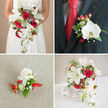 This quartet of images presents a harmonised wedding set in a refined palette of pure white, vibrant red and lush greens that feels both intimate and tailored to the quiet elegance of Gerrards Cross. The focal top-left photograph shows the bride holding a generous cascading bouquet: starry white lilies open toward the light, deep red roses nestle at the heart, and elegant white phalaenopsis orchids spill down in gentle tendrils. Flecks of baby's breath and clustered red hypericum berries add contrast and a soft, tactile rhythm among assorted foliage - from broad glossy leaves to thin, grassy sprigs - while delicate lace at the gown's bodice and the soft beige background enhance the bouquet's luminous whites. In the top-right frame, a groom's boutonniere pinned to a charcoal jacket mirrors the bridal palette: a lone phalaenopsis orchid, two bursts of red hypericum and a whisper of baby's breath bound at the base with a slender red ribbon, the colour picked up by a striking crimson tie beneath the lapel. The lower-left panel is a close, almost tactile view of the boutonniere resting on woven linen; the orchid's silky petals, the berries' waxy surfaces and the fine greenery are shown in calm, reassuring detail. The bottom-right image completes the story with a decorative white woven vessel holding a lush centrepiece; the composition echoes the bouquet's cascading movement and scent - a mingling of rose and lily - and would sit beautifully on a reception table in a village hall or country house near the station. Together the panels convey careful craftsmanship, seasonal freshness and a quietly celebratory mood.