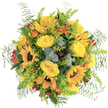 This exuberant floral arrangement radiates energy and delight, its centre held by broad-faced sunflowers and buttery yellow roses that seem to beam with warmth, like sunlight breaking over Gerrards Cross in late summer. Each rose, plush and inviting, spirals at the heart of the bouquet, contrasted by lively orange blossoms and playful clusters of crimson berries nestled throughout. Feathery fern fronds and bushy greenery ripple along the edges, weaving a textural frame that softens the overall composition. Touches of pale, silvery eucalyptus leaves bring both coolness and a fragrance suggestive of fresh-cut foliage after a morning rain at Colston Hall gardens. Deeper green and russet-hued succulent leaves peek through, adding subtle intrigue and substance. The bouquet's palette-yellows, oranges, reds, and greens-balances classic charm with rustic vibrancy, each bloom and leaf expertly placed to evoke the spirit of celebration. Against the pure white background, every detail is luminous, inviting admiration and the feeling of a sunlit season captured in flowers. Perfect for enlivening a birthday, offering heartfelt thanks, or serving as an uplifting centerpiece for a Gerrards Cross home or community event, this hand-crafted arrangement showcases the artistry and care of local florists-transforming simple stems into a message of joy and generosity.