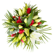 Seen from a gentle overhead viewpoint against a crisp white background, this lush, mounded bouquet reads as a study in contrast and comfort. The arrangement gathers roughly a dozen deep, velvety red roses-each fully open with tightly layered petals that anchor the composition with a warm, classical note. Interwoven among them are numerous elegant white lilies: many are shown as long, pale yellow-green buds tapering to a soft point, while one magnificent lily opens fully near the bottom right, its creamy trumpet revealing delicate white petals and a whisper of yellow near the stamens. Surrounding and supporting the blooms is a generous palette of greenery that gives the bouquet its depth and texture. Broad, glossy leaves form a rich, structured base; feathery, palm-like fronds fan outward and lend a touch of dramatic movement; and clusters of muted, silvery-green eucalyptus add a cool, modern counterpoint and soft, round shapes that break the vertical lines. The lighting is bright, natural daylight that highlights the velour of the roses and the silky sheen of the lilies, letting shadows from the palm fronds fall playfully across the white background. As a florist in Gerrards Cross I picture this arrangement placed in a serene setting-near a quiet mantel or beside a hospital room window-its fragrance a quiet blend of green lily notes and the faint spicy sweetness of rose. The overall effect is elegant and consoling, suitable for expressions of sympathy, thoughtful remembrance, or a gentle message that says, simply, I am with you.