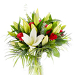 A single, large creamy-white Oriental lily takes center stage in this refined studio bouquet, its smooth petals unfurling like silk to expose pale yellow stamens and a fresh green pistil. Around it, a congregation of lime-green and soft yellow lily buds-some tightly closed, others just beginning to open-gives the design a sense of promise and unfolding life. Scattered through the composition are velvety red rosebuds and small, partially unfurled roses whose deep crimson tones punctuate the arrangement with romantic contrast. The flowers are cushioned by a variety of greens: broad, dark forest-green lily leaves that form a solid, structured backdrop; lighter emerald palm fronds that arch and cascade with a whisper of movement; and rounded, silvery eucalyptus sprigs that add cool texture and muted highlights. Everything sits in a simple cylindrical clear glass vase where the pale green stems are visible beneath clean water, and the whole image is set against a bright white background that sharpens the colours and textures. Imagine the gentle perfume-lilies' powdery sweetness softened by the warm, heady scent of roses-filling a calm morning room. The arrangement's balance of purity and passion makes it equally suited to a heartfelt anniversary gift, an elegant centrepiece, or a thoughtful sympathy bouquet. Described as a local florist might to someone unable to see it, the composition reads as fresh, purposeful, and crafted with steady hands-a bouquet that feels both celebratory and quietly sincere, ready to arrive and lighten a home near Gerrards Cross village or by the station with its clear, honest presence.