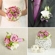 A carefully styled wedding set is displayed as if on a dressing table in a Gerrards Cross townhouse, capturing the tender anticipation before the ceremony. The main bouquet is rounded yet airy, formed from blush and mauve-pink roses whose petals curl gently at the edges, giving each flower a soft, romantic fullness. Between them, white lisianthus and creamy blooms add a luminous glow, their fine, layered petals reminiscent of freshly pressed silk. Punctuating the pastel tones are bright green button chrysanthemums, their tiny, domed heads adding a playful, almost woodland texture that keeps the arrangement modern and fresh. Wisps of greenery and slightly elongated foliage peek out around the edges, creating a graceful outline that feels both polished and natural, as if gathered from a well-kept garden by the station. The stems are aligned neatly and bound in a blush and white satin ribbon wrapping, the smooth fabric catching the light in gentle highlights, making the bouquet comfortable to hold throughout a long day of photos and celebrations. Nearby, the matching groom's boutonnière is composed with deliberate simplicity: a single pure white bloom, likely lisianthus, accented with a trace of soft lavender and slender greenery, secured with a delicate ribbon for a refined finish against a suit lapel. The overall mood is quiet elegance and devoted love, ideal for an intimate wedding at a local church or reception venue near East Common, where each petal, leaf, and ribbon has been chosen to echo the couple's story and the timeless charm of Gerrards Cross.