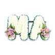 A refined MA funeral letter tribute is shown in crisp detail against a bright white background, as if prepared in the quiet of a Gerrards Cross florist's workroom before being taken to a local service. The two large capital letters are crafted from a sturdy base and lavishly covered with pristine white chrysanthemums, each bloom nestled closely to its neighbour so that the surface appears smooth and densely flowered, like a soft white blanket. The chrysanthemums' petals, gently layered and slightly feathery, lend an inviting, cloud-like texture that feels both comforting and dignified. Along the outer edges of the M and the A, an emerald green satin ribbon has been carefully pleated and pinned into a neat frill, adding definition and providing a rich contrast that outlines the letters clearly-ideal for placement at the front of a chapel or alongside the coffin during a funeral near Packhorse Road. A narrow linking bar at the base discreetly unites the two letters, making them one cohesive tribute. At the bottom left of the M and bottom right of the A, small yet impactful arrangements of accent flowers soften the strong white and green palette. Soft pink roses, lilac-toned roses, and charming pink spray roses are grouped together, with a few buds still tightly closed and others partially open, giving a sense of gentle unfolding, like cherished memories. Wisps of fern foliage extend from these clusters, adding movement and a fresh green note that echoes the leafy surroundings of Gerrards Cross. The overall impression is one of tenderness and respect: a personalised MA tribute that quietly speaks of love for a mother or Mama, thoughtfully suited for funeral flower delivery and memorial services throughout Gerrards Cross and the neighbouring villages.
