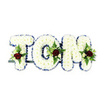 A comforting memorial arrangement that spells the name TOM in lavish, pillowy letters of pristine white chrysanthemums, each tiny bloom pressed close to its neighbour to build a soft, three-dimensional surface. The crisp silhouette of each letter is defined by a royal blue ribbon tracing every outer curve and corner, its satin sheen giving a cool contrast to the warm, matte texture of the chrysanthemums. Nestled into the centre and lower strokes of T, O and M are delicate, symmetrical sprays: a single deep, velvety red rose anchors each cluster, surrounded by smaller ivory spray roses and slender fern fronds that lift and scatter fine green lines through the white field. Subtle hints of glossy foliage add depth and a faint, leafy scent beneath the clean floral perfume. The letters sit on a low dark metal framework visible at the base, designed for upright display at a service, while a bright, neutral studio light flattens shadows and presents the arrangement against a clean white background so every petal and ribbon edge reads clearly. The overall effect is dignified and intimate - the cool blue border lends a note of calm formality, the white chrysanthemums convey quiet solace, and the red roses speak of enduring affection. Described by a local florist from Gerrards Cross who knows the gentle expectations of funerals on the High Street and at village churches, this bespoke tribute feels like a soft embrace: tactile, plainspoken, and precisely crafted to honour memory and comfort those gathered to remember a life.