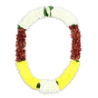 An elegant, U-shaped floral garland is presented against a flawless white background, its colours arranged in thoughtful bands that communicate both tradition and tenderness. The upper curve is entirely composed of pure white blossoms, likely small chrysanthemum-style or jasmine-like florets, packed so densely that they resemble a billowing, cloud-soft cushion. This white section sets a tone of purity and serenity, ideal for moments of farewell or prayerful reflection. Flowing down the left and right arms, the garland deepens into rich maroon segments, the petals layered closely together to create a sense of depth and quiet formality, much like the hushed atmosphere of a memorial gathering in a Gerrards Cross chapel. Along the bottom edge, the design brightens into a curved sweep of vivid yellow flowers, their sunny hue gently lifting the mood and suggesting warmth, remembrance and gratitude. Tiny accents of green foliage and occasional lighter florets are tucked between the transitions where white meets maroon, and where yellow begins, acting as subtle dividers and adding a whisper of natural freshness. The garland's overall texture is opulent and full, each section built from hundreds of carefully assembled florets, whether fresh or high-quality artificial, giving it a substantial, ceremonial presence while still appearing weightless on the clean background. The lighting is soft and even, highlighting the sculpted surfaces of each petal without casting distracting shadows. This is the sort of mala-style garland a local florist might prepare for a funeral tribute, a cultural ceremony, or a respectful welcome for an honoured guest arriving in Gerrards Cross, embodying reverence, love and the enduring cycle of life.
