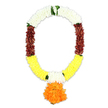 A refined artificial funeral garland is pictured in full detail against a stark white background, its colours and symmetry clearly defined. The garland forms a classic U-shaped loop, as if ready to be placed with care around a memorial portrait or devotional statue during a farewell service. At the crown of the piece, lush clusters of white petals create a continuous band of calm, their soft, fluffy appearance suggesting quiet comfort and dignity. Here and there, slim touches of bright green foliage peek out, providing a gentle reminder of natural life, much like the tranquil greenery around the churches and chapels near central Gerrards Cross. Moving down the sides, the white tones deepen into rich maroon clusters, their warm, reddish-brown shade adding emotional depth and a sense of grounded remembrance. These transition into expansive stretches of bright yellow petals along the lower curve, the yellow offering a tender note of hope and gratitude amid the sadness of loss. Nestled within these yellow areas, two small segments of white petals create visual pauses on either side, helping the eye rest before reaching the focal point. From the bottom centre hangs a large spherical pendant composed of vivid orange petals, tightly layered into a plush globe that suggests a ceremonial marigold, glowing like a small sun. Every section is meticulously crafted, the dense petals giving a rich, substantial feel appropriate for a lasting tribute. This mala-style garland would serve as a meaningful piece at a funeral or remembrance gathering in the Gerrards Cross area, symbolising love, respect, and the warmth of shared memories.