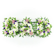 A poignant floral tribute in the shape of the word DAD is shown laid out in a neat horizontal line, each capital letter formed entirely from tightly packed white flowers that create a soft, full surface. The base of every letter is composed of snowy chrysanthemums and white gerbera daisies, their rounded forms sitting closely together to build a continuous cushion of petals, with smaller white blooms such as lisianthus or spray roses adding gentle detail and variation. Encircling and threading between these blooms, lush green foliage - particularly fine fern fronds and small leafy sprigs - defines the contours of each letter, giving a clear silhouette while lending the piece a natural, garden-like character, not unlike the greenery seen around Gerrards Cross's quiet residential streets. Across the pure white base, careful touches of colour appear: rich purple flowers, perhaps spray carnations or small chrysanthemums, cluster in modest groups, while hints of pale lavender or mauve in roses and carnations soften the overall palette. These cool, restful purples convey dignity, remembrance, and a sense of calm strength. The entire arrangement is photographed against a bright white background, so the eye is drawn solely to the flowers and the unmistakable word they form. The lighting is clean and even, bringing out the textures of each petal and leaf without casting harsh shadows. This DAD letter tribute feels like a classic choice for a funeral, memorial, or graveside visit in Gerrards Cross, giving families a simple, eloquent way to say goodbye and celebrate the love they shared with their father.