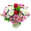 In this photograph, a rounded, abundantly filled bouquet of mixed flowers appears against a smooth white background, its colours and textures brought into sharp focus. At the centre sit several rich red roses, their velvety petals spiralling tightly inward, giving the impression of freshness and tender emotion. These roses are surrounded by a halo of white daisy-like chrysanthemums, each bloom featuring a bright lime-green centre that adds a crisp, energetic highlight to the design. Between and around the whites, soft pink to mid-pink daisy chrysanthemums repeat the same vivid green centres, creating a harmonious echo of colour that feels both gentle and uplifting. Dotted lightly throughout the bouquet are slender stems of pale pink waxflower, their tiny, starry blossoms providing a fine, intricate layer of texture, almost like delicate stitching. Deep green foliage, including broad, shiny leaves and softer fronds of lighter greenery, frames and supports the blooms, enhancing the contrast of red, white, and pink tones. The stems are visible at the base, neatly gathered and cut to an even length, showing that this is a hand-crafted, hand-tied arrangement ready to be dropped into a favourite vase in a Gerrards Cross home. The lighting is bright and even, with no harsh shadows, allowing every petal and leaf vein to be clearly seen. The bouquet gives off a sense of quiet celebration, ideal for a thoughtful gift sent across Gerrards Cross - perhaps to mark a birthday near the station, to cheer someone recovering at home off Oxford Road, or to add a fresh, welcoming touch to a family gathering on a calm weekend.