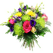 A richly coloured, dome-shaped bouquet is captured against a stark white background, showcasing the artistry of a Gerrards Cross florist who has blended bold colour with intricate texture. At the centre, a standout hot pink rose opens in lush, velvety spirals, supported by other fuchsia blooms that add depth and romance. Surrounding these are clusters of lime green spider chrysanthemums, their long, fine petals radiating in every direction, creating a striking, almost sculptural contrast against the rounded rose petals. Dotted among them are bright yellow daisy-like flowers, their cheerful centres glowing like little suns and evoking the light-filled lawns and paths around East Common. Deep indigo and violet lisianthus blooms weave between the brighter flowers, some fully open with gently frilled edges, others held in slim buds that promise more colour to unfold over the coming days. Rising gracefully above the main cluster are white to creamy freesia-like blossoms, their delicate, bell-shaped flowers arranged along slender stems, adding elegance and a sense of vertical movement, as if the bouquet is stretching toward the light. Hints of smaller pale pink or peach roses nestle closely among the larger blooms, softening the vivid palette with romantic, pastel notes. The entire composition is anchored by abundant greenery: broad, glossy leaves, airy fern fronds, and fine stems that fill the gaps and create a rich, natural frame. The stems are gathered tightly in a hand-tied finish, suggesting a bouquet freshly prepared for delivery to a home or business near Packhorse Road, ideal for brightening a celebration, marking a milestone, or simply bringing a burst of garden freshness indoors in Gerrards Cross.