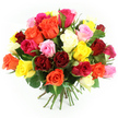 A beautifully abundant bouquet of roses, composed in a perfect rounded shape, fills the frame against a plain white background, evoking the feeling of a freshly delivered gift arriving in Gerrards Cross. The arrangement showcases an intricate blend of colours, with each rose placed so carefully that the overall effect is one of effortless harmony. At the heart of the bouquet, velvety red and deep burgundy roses suggest deep love and classic romance, their rich tones softened by surrounding pastel pinks and delicate blush blooms that speak of tenderness and appreciation. Brighter notes of vivid fuchsia and magenta peek through, giving the design a playful, contemporary edge. Warm yellow and orange roses glow among the cooler shades, recalling the cheerful light over nearby Chiltern hills on a clear evening, while creamy white and ivory roses bring a sense of calm balance and refinement to the palette. The petals appear soft and layered, some blooms fully unfurled to show off their spiralled centres, others still in tighter bud form, promising days of unfolding colour. Between the clustered blossoms, glimpses of dark green leaves and firm stems add structure and natural contrast, confirming the freshness of the flowers. The stems are pulled together neatly at the base and tied with a green and white checked ribbon, creating a hand-tied finish that feels both thoughtful and slightly rustic, as if prepared for a special gathering at home nearby. Bright, even lighting highlights every curve and texture, making this bouquet ideal for expressing celebration, gratitude, or affection through local rose delivery in Gerrards Cross and the neighbouring communities.