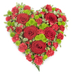 A beautifully composed, heart-shaped funeral tribute fills the image, presented on a clean, uncluttered white background so that every nuance of colour and form can be appreciated. The heart is completely covered in flowers, forming a lush, three-dimensional surface that feels both luxurious and comforting. Bold, velvety red roses are spaced evenly across the design, their spiralling petals and deep crimson hue suggesting timeless love and devotion. Nestled between and around these roses, clusters of smaller red carnations build density and texture; their ruffled edges create a soft, almost feathery effect that draws the eye along the contours of the heart. Breaking through this sea of red, bright lime-green button chrysanthemums are dotted thoughtfully throughout, their compact, dome-shaped heads adding playful bursts of light and a contemporary twist to the classic colour palette. Around the outside, a delicate border of variegated green foliage with creamy white margins gently outlines the heart, softening the edge and emphasising the shape, while a few wisps of fern-like greenery emerge subtly near the base, evoking a sense of nature and renewal. The even, diffused lighting captures the rich saturation of the reds and the fresh vibrancy of the greens without harsh glare, making the tribute appear calm and dignified. This floral heart feels particularly suited to moments of farewell and remembrance in Gerrards Cross, perhaps delivered to a service near East Common or to a family home after the ceremony. It is the kind of carefully crafted arrangement a local florist would design to speak when words are hard to find, expressing sympathy, respect, and a love that endures beyond loss.