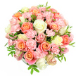 A softly rounded bouquet of pastel roses and spray carnations appears like a delicate floral cushion set against a pure white background, its gentle colours and textures reminiscent of a calm afternoon near Gerrards Cross Common. The arrangement is built into a neat, domed shape so full that the base is almost entirely hidden, suggesting a small hatbox or low container tucked beneath the abundant blooms. Large roses, fully open and velvety, form the main structure: some glow with shades of peach, coral, and salmon pink, while others bring a fresh brightness in creamy white and the palest yellow, like sunlight touching the tops of trees along Packhorse Road. Threaded between these are clusters of light pink spray carnations, their miniature blossoms and ruffled petals adding playful volume and a softly frilled texture that contrasts beautifully with the smooth curves of the roses. Fine green foliage with slender, pointed leaves peeks through at intervals, giving the eye brief moments of verdant rest and a reminder of the bouquet's garden origins. The lighting is bright yet gentle, evenly illuminating each petal so that the intricate details of the rose spirals and carnation layers are clearly visible without harsh shadow. The overall effect is one of refined joy and understated romance-an arrangement that feels equally suited to celebrating Mother's Day, offering congratulations on a new home near West Common, or simply saying I'm thinking of you to someone special in Gerrards Cross with a gesture of soft, pastel beauty.