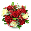 A beautifully rounded bouquet of roses and berries is shown against a pure white background, every stem placed with the calm confidence of a skilled florist from Gerrards Cross. At first glance, your eye is drawn to the rich cluster of deep red roses, around seven blooms in full, velvety openness, their petals layered like silk ribbons curling out from the centre. Intertwined with them are about five creamy white to soft pale yellow roses, their gentler tones diffusing the intensity of the red and giving the arrangement a sense of harmony, like light and shadow playing across the lawns of Gerrards Cross Common. Throughout the bouquet, tiny red blossoms resembling scarlet gypsophila form airily scattered clouds, adding a fine, lace-like texture that softens the transitions between the larger flowers. Plump red hypericum berries, polished and bright, sit among the petals and foliage, introducing a playful, almost festive note that makes the bouquet feel perfect for winter celebrations or romantic milestones. The arrangement is encircled by lush greenery: broad, deep green leaves give the design its fullness and frame, while round, silvery-green eucalyptus leaves emerge at the edges, introducing a cool, contemporary accent and hinting at a subtle, fresh fragrance. The stems appear to be nestled into a clear, glass-style container, its lower edge wrapped with a green and white check pattern that suggests a prepared gift, ready to be delivered across local roads and cul-de-sacs. The composition is dense yet refined, capturing a mood of warmth, devotion, and quiet celebration, ideal for an anniversary surprise, a special birthday, or a simple thinking of you gesture shared with someone in Gerrards Cross.