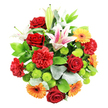 This photograph captures a sumptuous, dome-shaped bouquet arranged on a stark white background, allowing every colour and texture to stand out with clarity, as if lit by soft natural light streaming into a Gerrards Cross home. At the heart of the design stand deep red roses, some tightly furled, others opening to reveal layered, velvety petals that speak of romance, appreciation, and classic floral elegance. Nestling closely beside them, red carnations add a lush, ruffled dimension, their multitude of finely edged petals building a sense of abundance and fullness. Towering just above the main mass of blooms, Oriental lilies display broad, star-like petals flushed with pale pink along the centre and patterned with small freckles, while their prominent yellow-orange stamens arch outward, giving the arrangement a touch of dramatic sophistication. Around these focal flowers, orange and golden yellow gerbera daisies provide animated splashes of colour, their distinct, flat petals radiating around darker centres that draw the gaze, evoking images of bright summer days on the greens near East Common. Dotting the bouquet, clusters of lime green button chrysanthemums form tidy spherical shapes, their vivid colour injecting energy and a crisp, botanical freshness that contrasts beautifully with the warm tones of the larger blooms. Everything is cradled by an assortment of greenery, including broad, glossy dark green leaves and softer, silvery-green foliage that weave between the flowers, adding depth, framing each blossom, and giving the design a natural, slightly wild edge. The overall impression is one of joyful celebration and heartfelt warmth, the kind of bouquet that might be chosen for a special birthday, an anniversary dinner at home, or a cheerful surprise delivered to a doorstep anywhere in Gerrards Cross.
