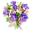 The photograph captures an opulent floral bouquet placed against a clean white background, allowing its nuanced blend of colours and textures to stand out vividly. The centrepiece blooms are several large Vanda orchids in a sumptuous shade of purple-blue, each petal bearing a distinctive mosaic of speckles and fine veins that hint at their tropical origins. Around these focal flowers, layers of blush pink roses are arranged with care, some tightly furled, others fully opened to reveal plush, spiralling centres, giving the bouquet an unmistakably romantic character. Creamy white spray roses, arranged in gentle clusters, nestle between the larger heads, adding softness and a sense of depth. Sprays of tiny white filler blossoms, reminiscent of dainty asters, lighten the overall feel, while clusters of rounded, pearl-like hypericum berries in white or soft cream catch the light and introduce smooth, sculptural shapes. Threaded throughout the design is feathery, silver-grey dusty miller foliage, its softly textured leaves providing a cool, misty contrast to the richer hues, alongside glossy dark green leaves that anchor the bouquet and highlight its generous form. The stems are bound together with a sheer ribbon in an iridescent silver-purple shade, gently shimmering and echoing the cool tones of the orchids. The composition exudes refined celebration and thoughtful elegance, perfectly suited to anniversaries, milestone birthdays, or a graceful Mother's Day surprise. It feels like the kind of bouquet chosen for a cherished delivery in Gerrards Cross or nearby Denham, bringing a touch of luxurious floristry into local homes with a palette that expresses admiration, affection, and quiet joy.