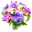 Presented against a pure white background, this opulent bouquet glows with shades of pink, purple, and fresh green, as if just lifted from a flower stall before a gathering in Gerrards Cross. Large, open pink peonies sit proudly at the core, their many finely ruffled petals layered in soft waves that suggest romance and generous affection. Woven among them are striking Vanda orchids, their petals broad and almost velvety, washed in deep violet and fuchsia magenta with intricate, lace-like veining that rewards a closer look. Surrounding these focal flowers are clusters of delicate spray roses in blush, peach, and cream, some still cocooned as tight buds, others beginning to unfurl into small rosettes that add movement and charm. Here and there, tiny white filler flowers, similar to miniature chrysanthemums, pierce the colour with bright, airy accents, giving the whole bouquet a light, sparkling quality. The flowers are cradled by an abundance of glossy green foliage, the leaves overlapping and curving outward in a natural yet carefully controlled way, recalling the leafy calm of nearby woodlands and gardens. At the bottom, the stems are aligned in a neat bundle and cinched together with a purple ribbon and gauzy mesh wrap, details that mark the work of a skilled florist accustomed to crafting statement gifts for local celebrations. With its balanced palette of fuchsia, violet, soft pink, peach, white, and rich green, the bouquet conveys a sense of joyful elegance, ideal for marking milestones, welcoming a new baby, or sending heartfelt congratulations anywhere in and around Gerrards Cross.