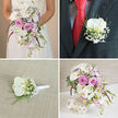 This image is a refined four-part collage capturing a complete wedding flower story, all unified by white orchids, pink roses, and soft lavender tones, reminiscent of a stylish celebration in Gerrards Cross. In the top-left panel, the camera focuses on the bride from the waist down, her white lace gown providing a textured, romantic backdrop. She holds a generous cascading bouquet that tumbles gracefully in front of her: white phalaenopsis orchids with warm yellow throats, blush-pink garden roses, and feathery lavender stock threaded with light sprays of baby's breath. The flowers are supported by lush green foliage, while a few vivid, almost fuchsia, spiky blooms add a playful touch of drama. The bouquet feels weighty yet airy, designed to sway gently as she walks along a tree-lined path off Oxford Road. In the top-right panel, a close-up of the groom's dark charcoal or black suit reveals a carefully pinned boutonniere. His bright red tie and subtly patterned shirt introduce a bolder note, but the focal point is a single pristine white phalaenopsis orchid, edged with tiny gypsophila blossoms and slim green stems, all bound with a small white satin ribbon that sits smoothly against the lapel. The bottom-left panel isolates this same boutonniere, laid flat on a pale beige, lightly textured fabric that might be linen or burlap. Here you can see the sculpted orchid petals, the fine threads of baby's breath, and the neat ribbon-wrapped stem, highlighting craftsmanship and balance. The bottom-right panel completes the story with a table centerpiece in a white woven cylindrical vase, brimming with white orchids, blush roses, lavender stock, baby's breath, and greenery, with deep pink accents echoing the bouquet. Two white woven decorative spheres beside the vase create a stylish, cohesive tablescape, perfect for a local reception near Gerrards Cross station. Arrangements like this are typical of the careful, coordinated wedding work created for couples across the area.