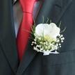 A close-up photograph shows the upper torso of someone dressed in formal wedding attire, most likely a groom standing ready somewhere in Gerrards Cross before the ceremony begins. The dark suit jacket, a deep charcoal bordering on black, is sharply tailored so that the clean line of the lapel frames the central detail of the image: a carefully crafted white orchid buttonhole. The Phalaenopsis orchid sits slightly proud of the fabric, its broad, velvety petals pure white with a faint luminosity, curving gently around a soft yellow-cream throat touched with the lightest hint of blush. Around it, clusters of tiny white baby's breath form a delicate, cloud-like halo, their minuscule blooms catching the light like scattered pearls. Slender, grass-like greenery fans out behind and between the flowers, a fresh, vivid green that adds depth and a natural, garden-inspired texture, reminiscent of a quiet path through Bulstrode Park. The stems are neatly bound and finished with a narrow, sheer white ribbon tied into a small bow, the translucent fabric giving a subtle, romantic shimmer. Beneath the buttonhole, a lustrous red silk tie cuts diagonally through the composition, rich and bold against a lightly patterned, pale dress shirt, suggesting a checked or finely textured weave often seen in smart evening wear around Packhorse Road venues. The lighting feels soft and natural, perhaps from a nearby window in a local hotel suite, giving the whole scene an air of calm anticipation. The image captures not only the visual detail of the orchid boutonniere but also the poised, intimate moment before vows are exchanged in a Gerrards Cross celebration.