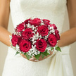 In this image, a graceful bridal bouquet of red roses and white baby's breath rests against the folds of a white wedding dress, evoking a timeless ceremony somewhere near East Common in Gerrards Cross. The roses are a lush, velvety crimson, each bloom perfectly formed, with petals unfurling in gentle spirals that draw the eye inward. Nestled between them, tiny white gypsophila flowers create a halo of softness, their airy clusters diffusing the intensity of the red and lending a dreamy, romantic atmosphere to the whole design. The bouquet is round and carefully structured, dense with blooms yet not overcrowded, suggesting the skilled hand of an experienced florist. A few discreet sprigs of leafy greenery add depth at the base, framing the flowers and providing an understated touch of woodland freshness. The light across the bouquet is soft and even, as if filtered through a church window on a calm afternoon, enhancing the rich tones of the roses and the delicate brightness of the baby's breath. You can almost sense the quiet anticipation of a bride stepping out of a car near Packhorse Road, the fragrance of freshly opened roses following her as she walks towards the aisle. This bouquet feels both intimate and confident, suited to elegant hotel receptions and family gatherings around Gerrards Cross, where its classic palette and refined shape will echo the sincerity of the promises being made.