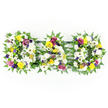 A lovingly designed DAD floral tribute fills the frame, set against a pure white background that makes the colours appear especially vivid and fresh. Each of the three letters is formed from a sturdy base of deep green, fern-like foliage, arranged to trace the outline of the D, the A, and the final D with soft, natural curves. Within these leafy borders, the florist has composed a dense mosaic of flowers: a carpet of white chrysanthemums and broad white gerbera daisies provides a calm, respectful foundation, their rounded shapes and layered petals giving a sense of softness and peace. Scattered carefully throughout are bright yellow gerbera heads, clusters of yellow spray roses, and sparks of lime-green button chrysanthemums, bringing touches of warmth and gentle optimism. To deepen the palette, accents of purple lisianthus and tiny magenta or deep pink spray roses are nestled among the whites and yellows, offering a quiet richness and emotional weight. Slim dark green bars link the letters together from behind, ensuring the word DAD reads clearly in one uninterrupted line, just as it might when placed at the front of a service in Gerrards Cross or by the hearse as it pauses along Packhorse Road. The overall effect is one of sincere remembrance: a tribute that feels both traditional and deeply personal, suitable for a father whose life is being honoured with care. It is the sort of arrangement families in Gerrards Cross might request when they want the beauty of fresh funeral flowers to speak the words that are too hard to say aloud.