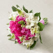 Resting against a pale beige linen backdrop, this hand-tied bouquet glows with the quiet excitement of a wedding morning in Gerrards Cross. The eye is immediately drawn to the voluptuous hot pink peonies at the centre, their many layered petals softly rumpled, like silk tulle gathered into generous rosettes. Around them, clusters of white alstroemeria open gracefully, each bloom formed of slim, slightly curved petals, some traced with fine reddish-brown speckles along the throat that lend a touch of natural wildness. Tall, pointed green buds slip between the flowers, adding vertical texture and the suggestion of blossoms still to come, as if the bouquet has been freshly cut from a garden near Bulstrode Park. Deep, glossy green foliage surrounds the blooms and subtly frames them, creating a pleasing contrast that makes the pinks and whites appear even more vivid. The flowers are gathered into a clean, rounded shape that sits comfortably in the hand, tapering to a neat fist of stems. These stems are bound by a soft pink ribbon, secure yet delicate, echoing the romantic tones of the peonies. Gentle, even lighting reveals every contour and vein in the petals without harsh shadows, giving the arrangement a calm, timeless quality. It feels perfect for a bride walking through Gerrards Cross on her way to the ceremony, a bridesmaid's bouquet for an intimate gathering, or a special same-day delivery to mark an anniversary at home-an arrangement that quietly conveys affection, joy, and the promise of shared memories.