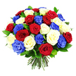 A visually rich, dome-shaped bouquet of roses in bold red, soft white, and striking royal blue fills almost the entire image, its colours intensified by a smooth white backdrop. The roses are arranged in a tight, harmonious cluster, forming an almost perfect sphere of petals that suggests careful hand placement and an experienced florist's eye. Each bloom is at an ideal stage of openness, with some buds just starting to unfurl while others are fully open, their spiral centres clearly visible and their velvety petals catching gentle, even light. Deep crimson roses mingle with creamy white and intense blue roses, the trio of shades creating a patriotic impression that would feel fitting for a remembrance service, a national celebration, or a tribute bouquet delivered to a home near Gerrards Cross station. Dark, glossy leaves are tucked thoughtfully between the blossoms, offering a natural contrast and adding visual depth so the colours do not appear flat. At the bottom of the frame, the stems are gathered into a compact bundle, freshly cut and aligned, suggesting the bouquet is newly prepared and ready to be placed in water. There are no additional decorations or accessories, allowing the roses themselves to hold attention and convey emotion. The overall effect is polished yet heartfelt, an image of a traditional rose bouquet reimagined with a modern, patriotic twist that speaks of unity, gratitude, and quiet strength.