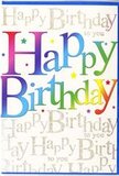 This birthday card bursts with colour and delight, like the centrepiece of a cheerful gathering in Gerrards Cross on a bright afternoon. Dominating the front, the phrase Happy Birthday stretches confidently across the card in large, friendly letters, each one bathed in its own vivid spectrum of colour. Deep berry reds slide into mandarin orange, lemon yellow diffuses into fresh green, and sapphire blue softens into violet, creating a smooth rainbow effect reminiscent of party bunting strung across a garden near Packhorse Road. The letters feel slightly rounded and substantial, as though they've been gently embossed, and you can almost sense their texture beneath your fingertips. Behind this jubilant headline, the background is filled with streams of finely penned golden script, repeating the words Happy Birthday to you in looping, elegant handwriting. The gold ink glimmers softly, much like late-afternoon sun touching the rooftops around West Common, offering a refined contrast to the bold colours in front. Tiny star-like flecks and subtle sparkles nestle among the curves of the lettering, suggesting scattered confetti or the shimmer of sparklers at a birthday gathering. The finish of the card appears smooth and lightly glossy, giving the design depth when it catches the light. Everything about the layout feels harmonious-the strong, youthful rainbow letters balanced against the graceful, rhythmic lines of gold. It's the kind of birthday card that would sit beautifully beside a vibrant arrangement delivered locally, turning a simple greeting into a moment that feels special, personal, and joyfully memorable for someone in Gerrards Cross.