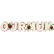 Set against a plain white background that allows every petal to be clearly seen, this floral tribute spells out OUR MUM in sturdy, three-dimensional capital letters, expressing love and remembrance in a simple yet powerful way. Each letter is tightly packed with small white chrysanthemums or similar blooms, forming a dense, plush surface that looks soft to the touch, like a gentle cushion of flowers. Around the edges of each character runs a continuous border of deep red blossoms, likely carnations, which trace each curve and corner, making the inscription easy to read from across a chapel or crematorium hall in Gerrards Cross. The red border brings warmth and definition, creating a classic red-and-white contrast often chosen by families who want a tribute that feels both traditional and heartfelt. Carefully placed along the arrangement are three accent sprays of velvety red roses, paired with rich green foliage. One sits between the O and U, another between the U and the first M, and the third rests beside the final M, creating a gentle rhythm of colour across the piece. The roses, fully open and layered with petals, suggest deep affection and an unbroken bond, while the fresh greenery adds movement and a natural, garden-like feel. Beneath the flowers, a green frame quietly supports the letters, joining them into one secure display ready to be laid near the coffin or at a graveside. The tribute feels calm, dignified and intimate, like a soft-spoken message from the heart, reflecting the way families in Gerrards Cross gather to honour and say farewell to a beloved mother.