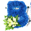 A beautifully composed floral initial in the shape of a capital B fills the frame, set against a plain white background that highlights every detail. The main body of the letter is covered in tightly massed royal blue chrysanthemums, their lush, layered petals forming a thick, velvety carpet of colour. Hints of lighter and darker blue within each bloom create gentle tonal shifts, giving the piece a sense of dimension and quiet richness. Running along the outer edges and inner curves of the B is a frilled white satin ribbon, carefully pleated to provide a clean, elegant border. This white trim offers a striking contrast to the deep blue flowers and lends an air of grace and formality, suitable for a funeral or memorial in and around Gerrards Cross. At the bottom left curve of the letter, a smaller floral posy is artfully attached. This accent features creamy white roses - some buds still tightly held, others just beginning to reveal their spiral of petals - nestled among petite white spray chrysanthemums that look like tiny daisies. These paler flowers bring a softness and sense of peace to the design. Framing them is lush greenery, including delicate fern fronds and broader leaves, some with subtle variegation, creating a natural, flowing silhouette. The combination of intense blue, calm white, and fresh green results in a tribute that feels both strong and tender. It appears as the kind of personalised floral letter a family in Gerrards Cross might choose to honour a beloved name or initial with heartfelt dignity.