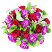 Captured from a bird's-eye view against a spotless white background, this sumptuous bouquet presents a harmonious blend of passionate reds and regal purples, crafted with the quiet precision you'd expect from an experienced local florist serving Gerrards Cross. The red roses are the stars of the composition, their petals silken and velvety, curling inwards in perfect spirals that give each bloom a sense of depth and intimacy. Their deep crimson tone is intense yet refined, evoking feelings of devoted love and heartfelt appreciation. In between, clusters of purple carnations create a delicious contrast, their heavily ruffled petals forming intricate, almost lace-like textures that look soft and abundant. The carnations display a saturated purple that borders on fuchsia in places, bringing brightness and dynamism to the design. Framing and interlacing through the flowers is a selection of lush greenery: smooth, glossy dark-green leaves provide a solid, structured base, while sprigs of eucalyptus, with their rounded, silver-tinged leaves, lend a softer, airy dimension and suggest a cool, refreshing scent. The bouquet is shaped into a balanced, rounded dome, appearing generous and complete, like a centrepiece ready to be placed on a dining table in a Gerrards Cross townhouse or delivered as a surprise to a loved one near the village centre. The clear, even lighting reveals every detail-no harsh shadows, only gentle contrasts-so the viewer can imagine not just the look but the tactile pleasure of brushing fingertips over soft petals and crisp leaves. This arrangement feels equally suited to anniversaries, romantic gestures, or joyful congratulations within the Gerrards Cross community.