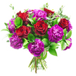 A full, hand-tied bouquet of rich red roses and vibrant purple carnations is shown in sharp focus against a simple white background, the colours glowing as if lit by soft daylight streaming into a Gerrards Cross sitting room. The roses, with their velvety, tightly coiled petals, are a deep, romantic crimson, each bloom perfectly open to reveal its intricate spiral centre, suggesting enduring love and heartfelt sentiment. Nestled around them are clusters of ruffled carnations in a spectrum of purples-from vivid magenta to lush plum and royal violet-each flower composed of many fine, frilled petals that add depth and a slightly playful, cloud-like softness. Together, the reds and purples create a dramatic yet balanced composition, akin to the rich tones you might notice in the seasonal planting along Ethorpe Crescent or in the private gardens around the town. Glossy dark green leaves provide a strong, structured base for the blooms, while more slender eucalyptus stems, tinged with silvery green, bring a lighter, airy quality and hint at a cool, refreshing scent. The stems are neatly gathered and bound near the bottom with a subtle ribbon, keeping the natural, slightly fanned-out shape of a professional hand-tied design. The white backdrop ensures every detail-each petal curve, leaf vein, and subtle change in hue-is easily distinguishable, enhancing the sense of freshness and care. This bouquet feels perfectly suited to significant life moments, from an anniversary dinner at home in Gerrards Cross to a special birthday or a bold, passionate 'thank you', carrying both elegance and emotional depth in its rich, contrasting colours.