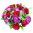 In this top-down image, a lush, circular bouquet fills the frame against a smooth white background, its surface a tapestry of passionate reds and sumptuous purples. Approximately seven to eight red roses punctuate the design, each bloom showcasing tightly furled inner petals that gradually loosen into velvety outer layers. The roses display delicate variations in shade, from clear, romantic red to darker, wine-toned folds that draw the eye inward. Surrounding and linking these focal blooms are numerous carnations, their ruffled, finely serrated petals spilling outward in waves of magenta, vibrant fuchsia, and deep, regal purple. The carnation heads sit closely together, creating a dense, textured cushion that contrasts beautifully with the sleek rose petals. Woven throughout is an artful array of greenery: rounded eucalyptus leaves in silvery-green tones, shiny, deeper green foliage that frames the flowers, and slender stems tipped with smaller, brighter leaves that add lift and freshness. The bouquet looks expertly rounded and full, with no harsh edges, the overall impression being one of abundance and care. Though the stems and any wrapping are hidden from view, the craftsmanship is evident in the even distribution of colour and texture. The piece feels like a romantic gesture ready to be delivered to a doorstep near Gerrards Cross station or a cosy café off Packhorse Road, perfect for celebrating an anniversary, sending supportive wishes, or lighting up a birthday tea. The rich palette and harmonious structure create an atmosphere of warmth and elegant joy, typical of a bouquet prepared by an experienced local florist for same-day delivery in Gerrards Cross.