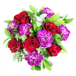 A sumptuous bouquet of deep crimson roses and vibrant purple carnations fills the scene, composed with the confident hand of an experienced florist serving the Gerrards Cross community. The roses are plush and velvety, their petals layered in generous spirals that suggest classic romance and depth of feeling. Between them, the carnations burst with personality, their frilled purple petals adding a lively, almost dancing quality, with each bloom slightly different in shading, from dark plum to bright violet highlights. Fresh greenery forms a lush backdrop: some leaves are broad, dark, and glossy, while others are slimmer and more delicate, adding both structure and softness. Slender stems of eucalyptus thread through the bouquet, their silvery-blue leaves adding a cool, contemporary accent and evoking a crisp, clean fragrance, like fresh air drifting across Gerrards Cross Common on a bright afternoon. The bouquet sits under gentle, even lighting that brings out the richness of the reds and purples and the sheen of the foliage without glare or harsh contrast. Every element feels intentional yet natural, as though the flowers were gathered and then thoughtfully refined at a local studio such as Flower Delivery Gerrards Cross. This arrangement radiates heartfelt emotion-perfect for anniversaries, romantic surprises delivered to homes near Packhorse Road, or uplifting a friend recovering at home. The interplay of colour, scent, and texture creates an impression of warmth, joy, and confidence, making the bouquet not just a cluster of blooms but a vivid, sensory message tailored to life in Gerrards Cross.