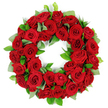 From Flower Delivery Gerrards Cross, a vibrant wreath of many deep red roses forms a flawless circle against a pristine white background. The blooms are densely packed, each rose ranging from tightly furled buds to fully opened, their velvety petals swirling in shades from ruby to burgundy and catching the light to reveal subtle tonal depth. Intertwined among the blossoms are sprigs of fresh green foliage-broad, matte eucalyptus-like leaves and slender, glossy ruscus-that provide a crisp, verdant contrast and frame the red with natural grace. The wreath sits in a generous, three-dimensional nest of petals and leaves, with each layer overlapping in a way that suggests careful craftsmanship and patience. The overall mood is dignified and solemn, a timeless tribute appropriate for sympathy, memorial services, or anniversaries of remembrance, yet equally suitable for thoughtful features about funeral planning or commemorations in Gerrards Cross. The stark white background highlights every curve and texture, allowing the rich color to glow as a focal point in any article or display. Available for same-day delivery across Gerrards Cross from the local florist, this elegant piece speaks of memory, endurance, and the quiet strength of a well-tended garden, a language that resonates with families gathered near The Broadway, the station, or nearby Denham.