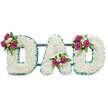 A reverent, three-dimensional floral tribute spells the word DAD in bold capital letters, photographed against a soft white backdrop so every texture reads clearly. Each letter is densely carpeted with hundreds of pristine white chrysanthemums - the small, fluffy heads knit together to form a cloud-like, cushiony surface that suggests quiet purity and peace. The edges of each character are neatly defined with a pleated, emerald-green ribbon that catches the light in gentle folds, the cool green providing a deliberate contrast to the snow-white blooms. Behind the letters a subtle dark green or slate-grey support bar gives the piece a steady, dignified profile suitable for placement on a chapel podium or graveside easel. On the first D a cluster of deep magenta roses and small white freesia rests on the upper left curve; the A carries its cluster tucked into the lower central V; and the final D mirrors the first with its magenta-and-white spray on the upper right curve. Each accent bouquet includes glossy, dark green foliage to add depth and to frame the vivid pinks against the white chrysanthemum field. In soft studio lighting you can almost sense a faint, clean scent of chrysanthemums mixed with the sweeter perfume of roses and freesia - an understated bouquet of memory and affection. As a sympathy design, this personalised lettering piece reads as both formal and intimate: a classic choice for a father's funeral, memorial service, or graveside tribute in and around Gerrards Cross, Chalfont St Peter, or nearby Beaconsfield, offering an emblem of love, farewell, and enduring respect.